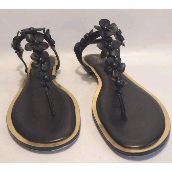 Michael Kors Black Leather Flower Tricia Flat Thong Strappy Sandals Size 8 - Picture 1 of 12